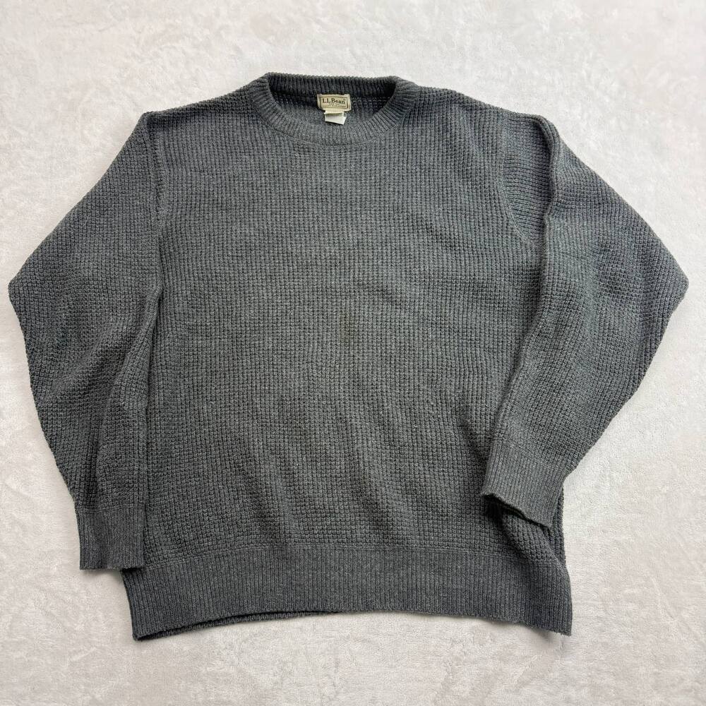 L.L. Bean Men's Sweater Grey Size L Cotton Wool Blend Waffle Knit Pullover Crew